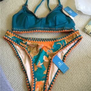 Cupshe Teal & Orange Floral Crochet-Trim Bikini